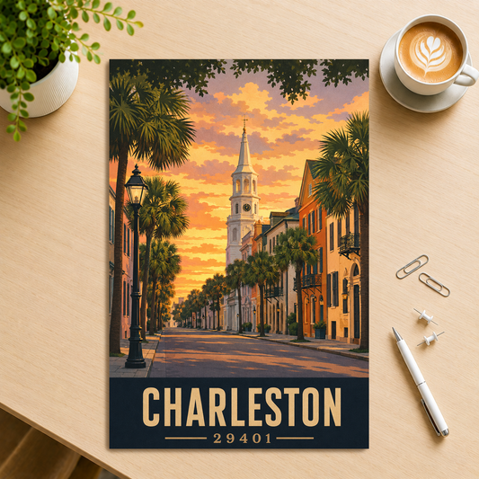 Charleston St. Michael's Church steeple sunset poster with 29401 zip code