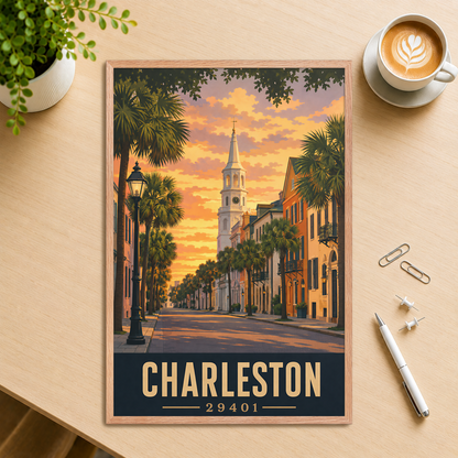 Framed Charleston church steeple sunset poster with 29401 zip code