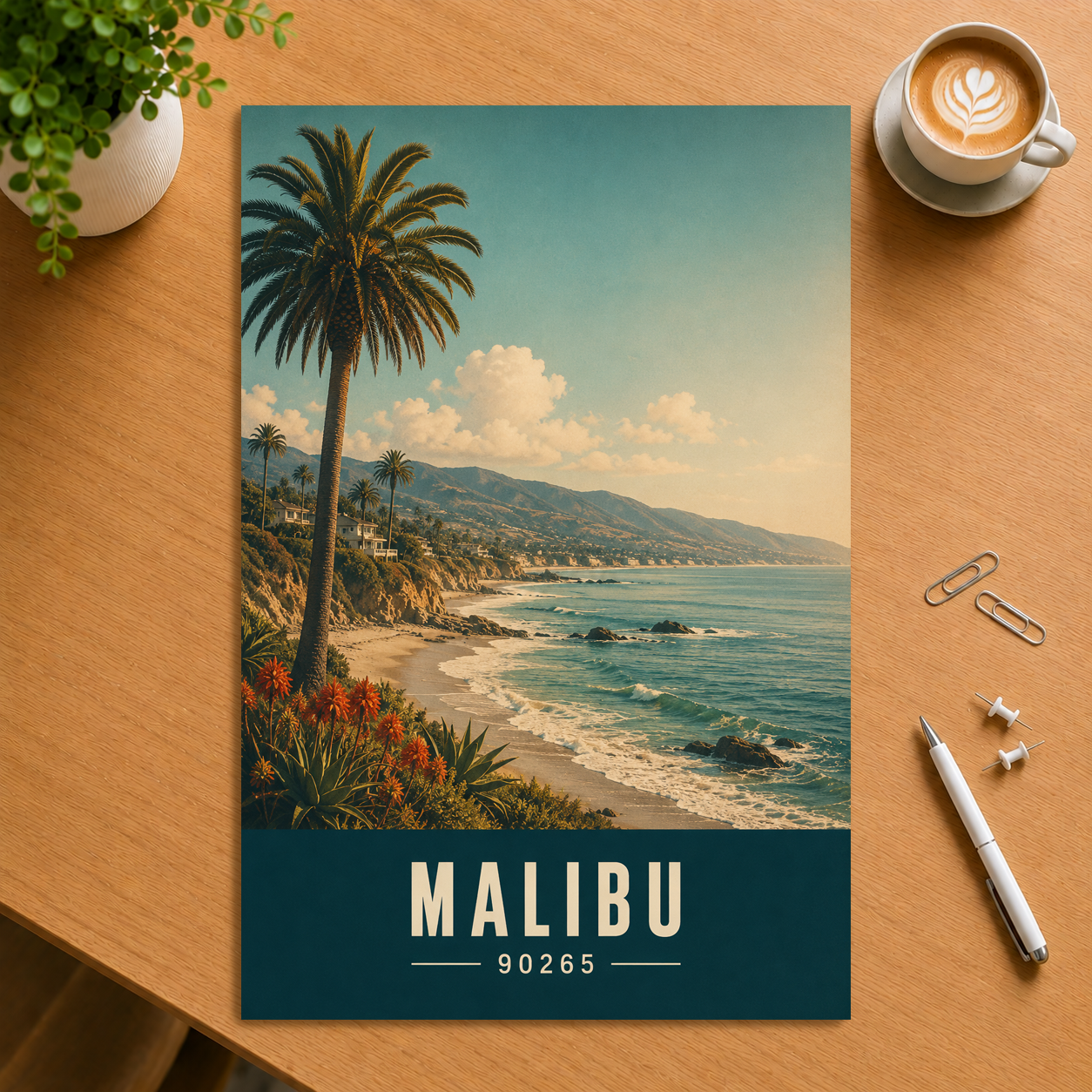 Retro Malibu California travel poster with palm tree and ocean cliff view, ZIP code 90265