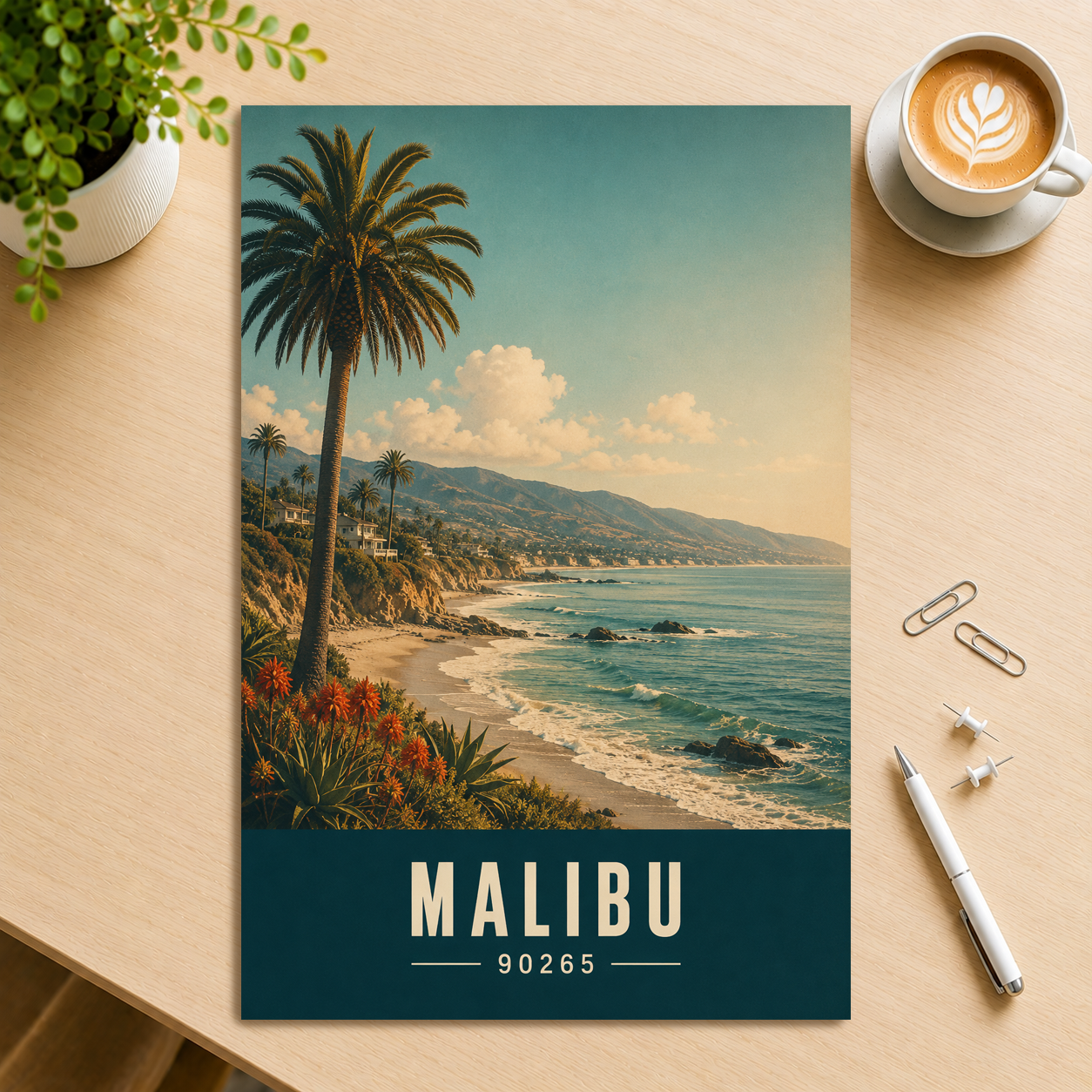 Retro Malibu California travel poster with palm tree and ocean cliff view, ZIP code 90265