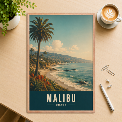 Framed Malibu California retro travel poster with 90265 zip code, coastal beach wall art