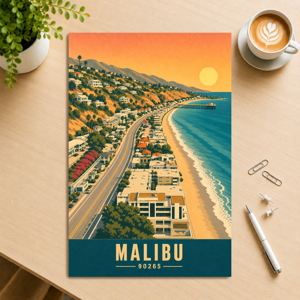 Aerial Malibu Pacific Coast Highway sunset poster with 90265 zip code