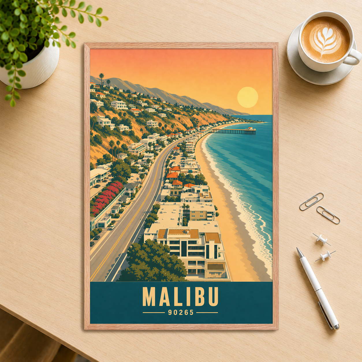 Framed aerial Malibu Pacific Coast Highway poster with 90265 zip code