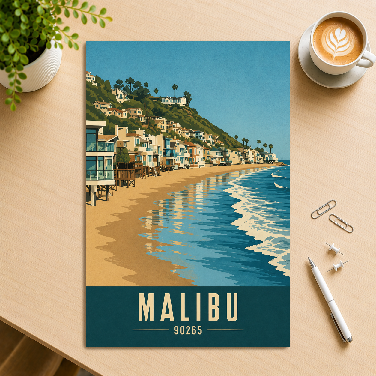 Malibu beach house coastal poster with 90265 zip code, beachfront wall art