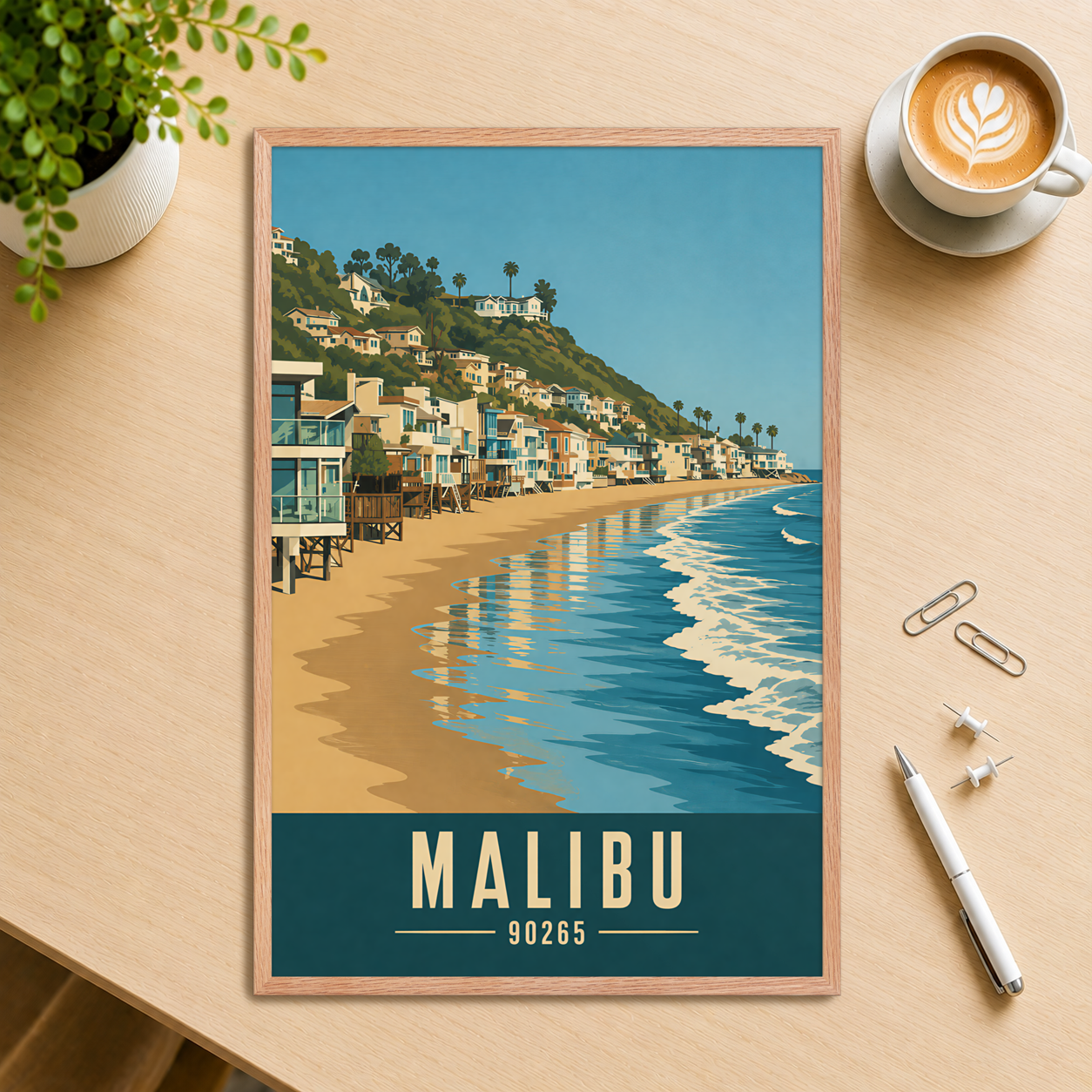 Framed Malibu beach house coastal poster with 90265 zip code