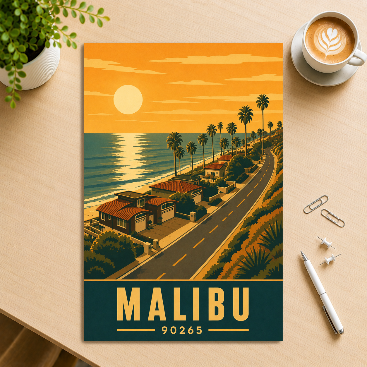 Malibu palm-lined sunset coastal road poster with 90265 zip code