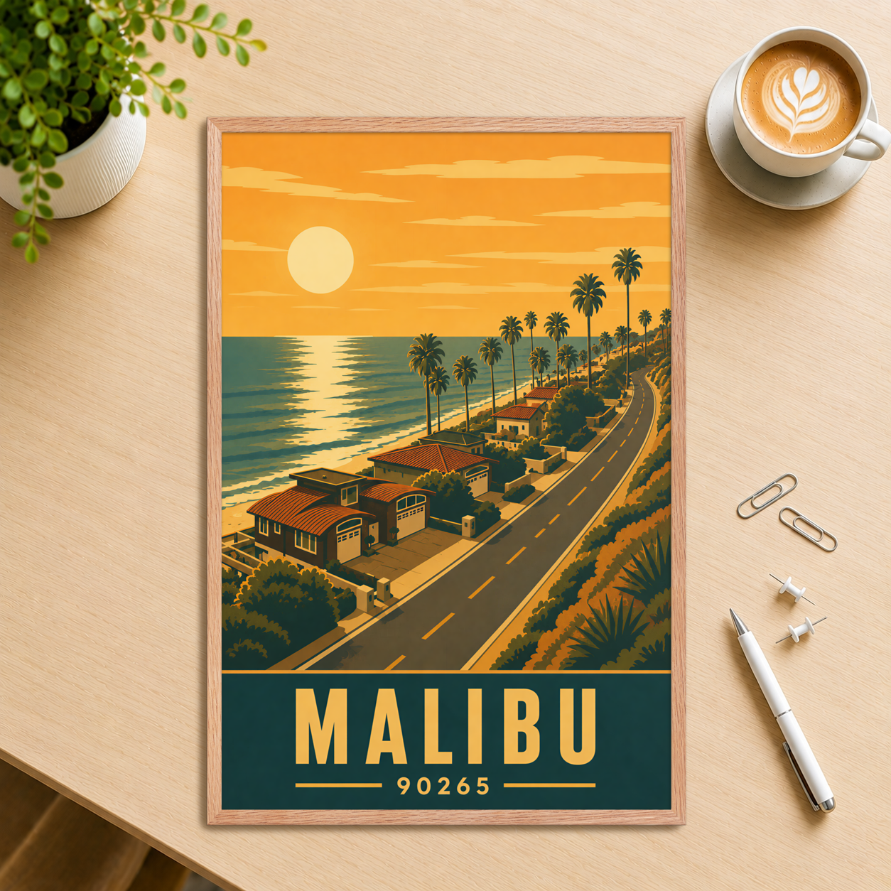 Framed Malibu palm-lined sunset coastal road poster with 90265 zip code