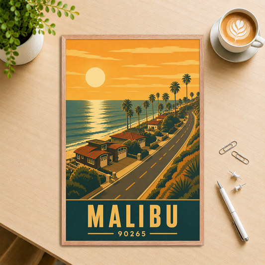 Framed Malibu palm-lined sunset coastal road poster with 90265 zip code