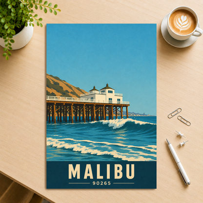 Malibu oceanfront pier and waves poster with 90265 zip code