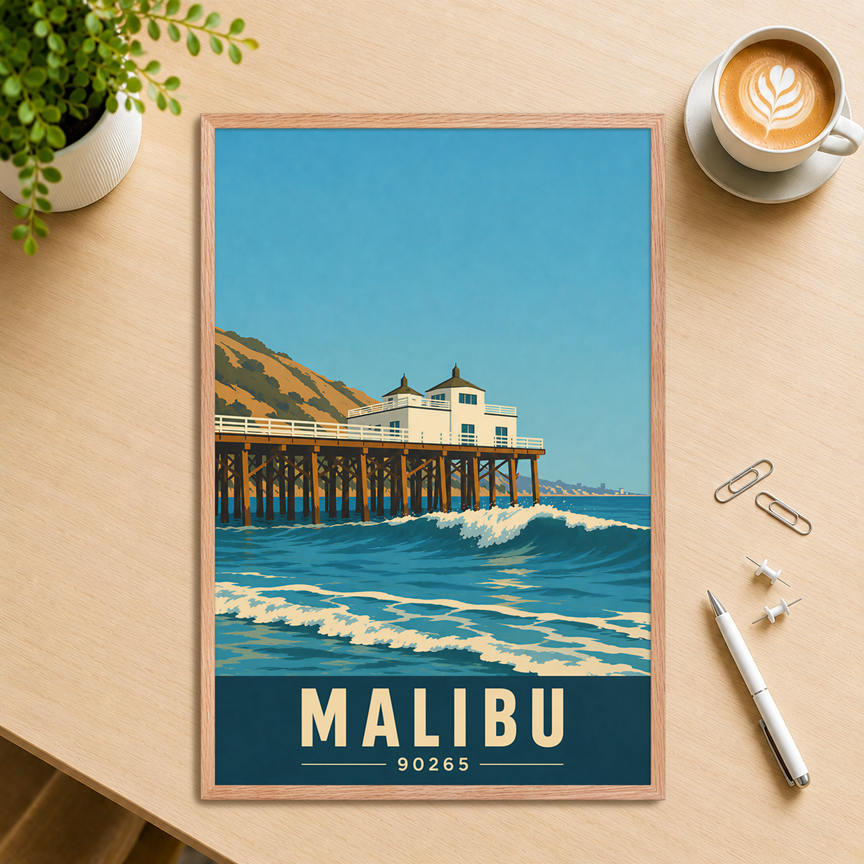 Framed Malibu oceanfront pier and waves poster with 90265 zip code