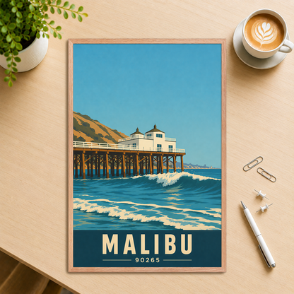 Framed Malibu oceanfront pier and waves poster with 90265 zip code