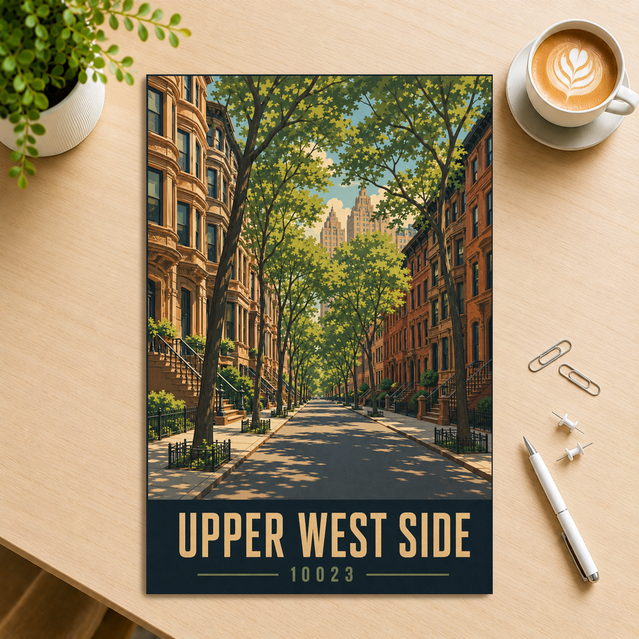 Upper West Side brownstone street poster with 10023 zip code, retro NYC wall art
