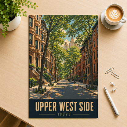 Upper West Side brownstone street poster with 10023 zip code, retro NYC wall art