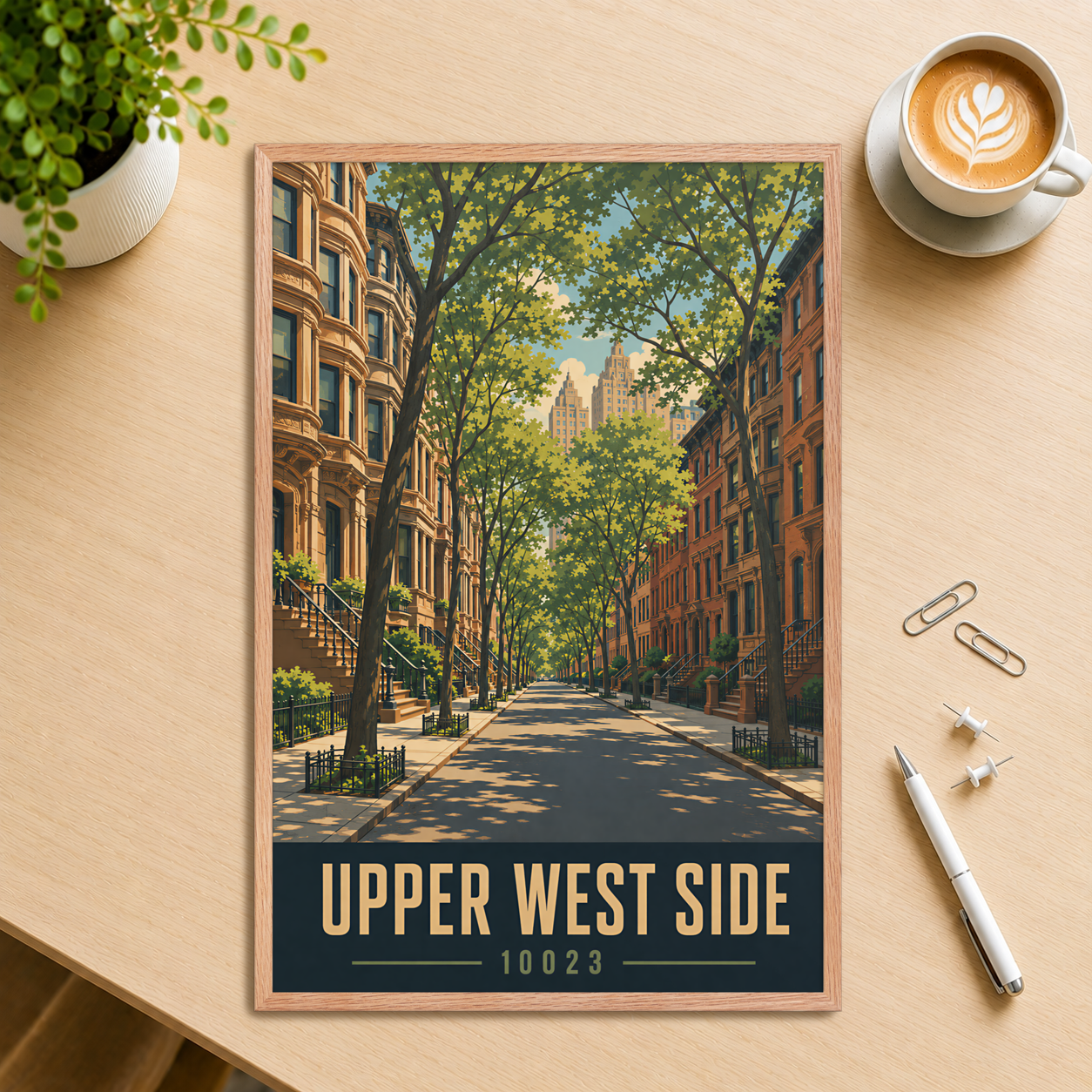Framed Upper West Side brownstone street poster with 10023 zip code