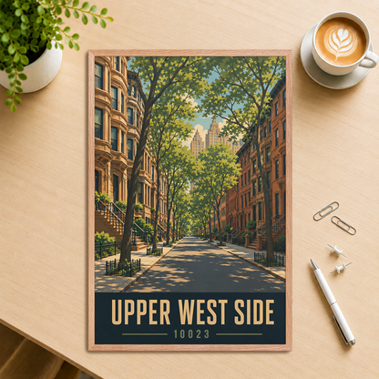 Framed Upper West Side brownstone street poster with 10023 zip code