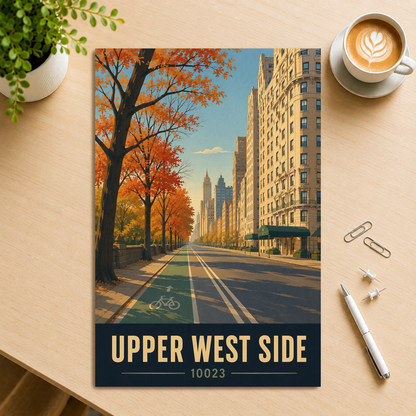 Central Park West autumn poster with 10023 zip code, retro NYC wall art