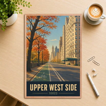 Framed Central Park West autumn poster with 10023 zip code