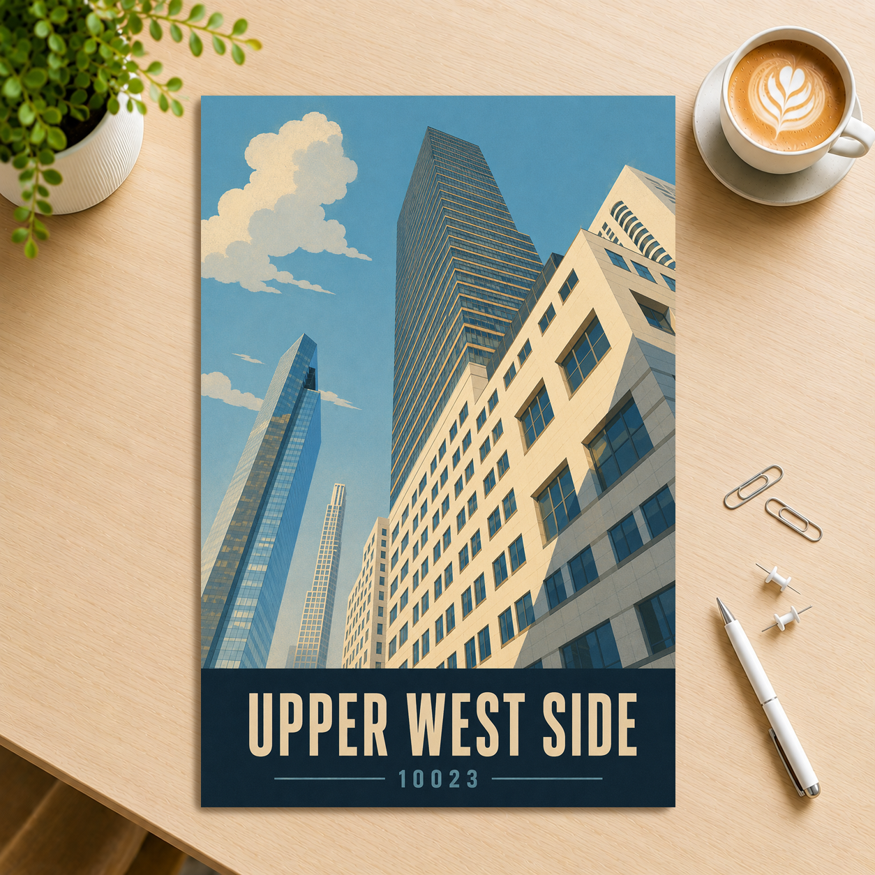 Upper West Side poster with Manhattan glass skyscraper view and 10023 zip code
