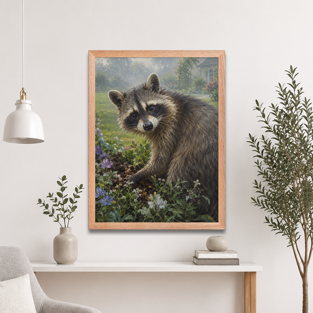 Garden Raccoon Curiosity Framed Poster
