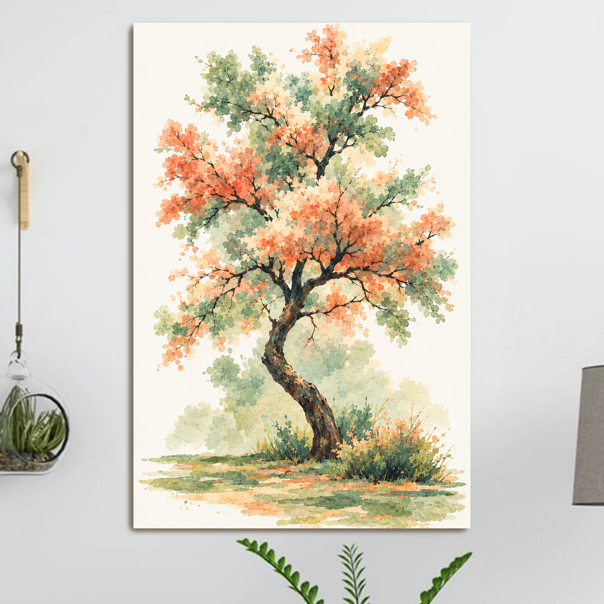 Watercolor painting of a blossoming tree with coral and sage green leaves, twisting trunk in a quiet meadow, wall art print, JMTR Jeometry Store