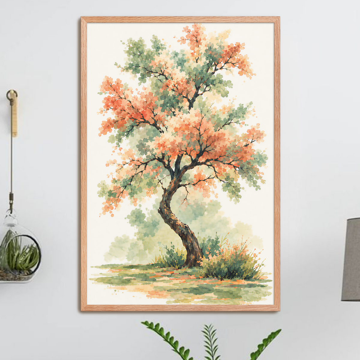 Watercolor painting of a blossoming tree with coral and sage green leaves, twisting trunk in a quiet meadow, framed wall art print ready to hang, JMTR Jeometry Store