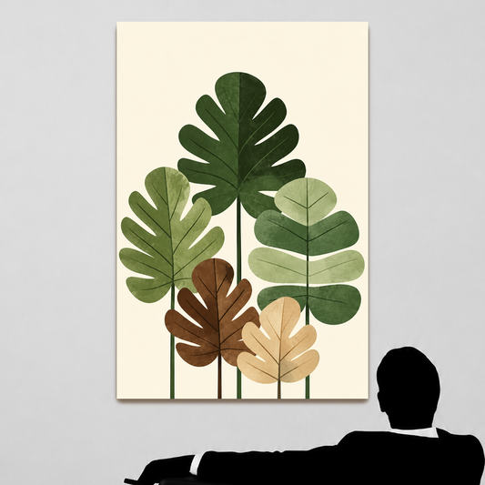Illustrated fig leaves in shades of green, brown and gold with textured paper-like finish, botanical wall art print, JMTR Jeometry Store