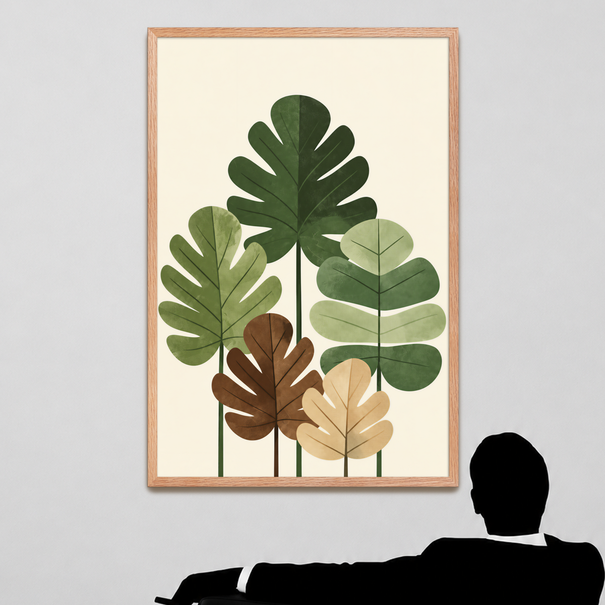 Illustrated fig leaves in shades of green, brown and gold with textured paper-like finish, framed wall art print ready to hang, JMTR Jeometry Store
