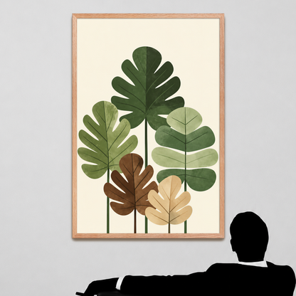 Illustrated fig leaves in shades of green, brown and gold with textured paper-like finish, framed wall art print ready to hang, JMTR Jeometry Store