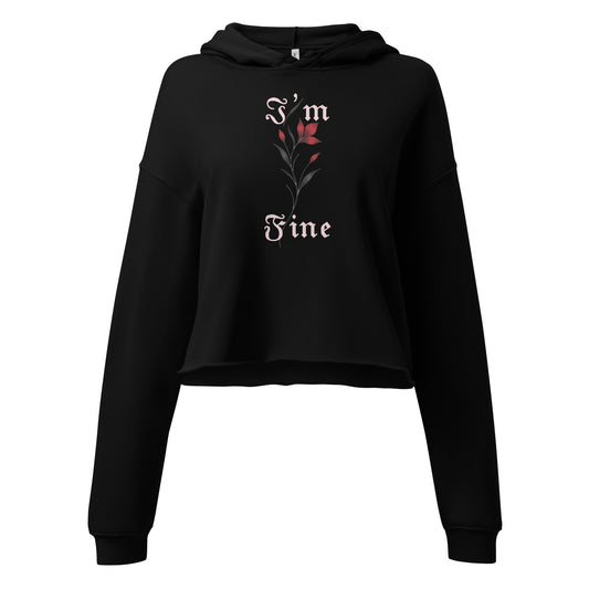 Black hoodie with minimalist “I’m Fine” floral design by JMTR | Jeometry