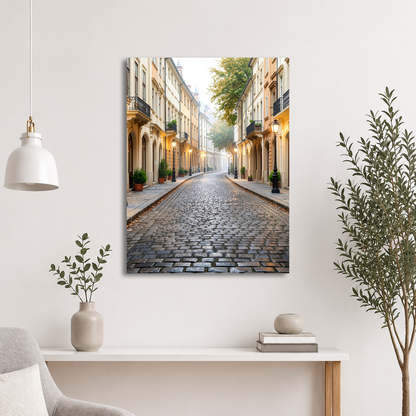 European cobblestone street at dawn, morning fog, glowing lanterns, calm aesthetic wall art print, JMTR Jeometry Store