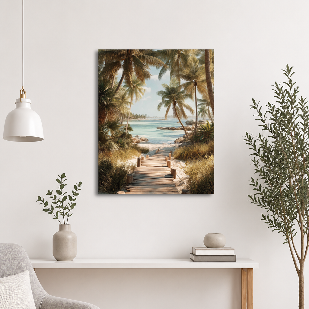 Wooden boardwalk path through tropical palm trees 
leading to calm turquoise beach, 
coastal wall art print, JMTR Jeometry Store