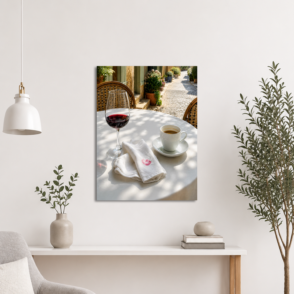 Sunlit café terrace table with red wine, espresso cup and linen napkin, calm aesthetic wall art print, JMTR Jeometry Store