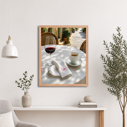 Framed sunlit café terrace print with red wine and espresso, ready to hang wall art, JMTR Jeometry Store