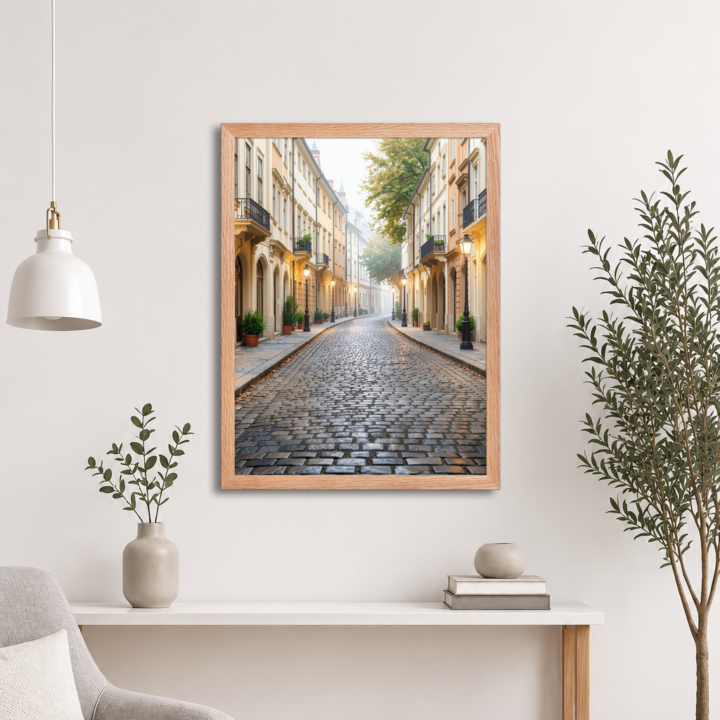 Framed European cobblestone street wall art, calm aesthetic old town morning fog poster, black frame, JMTR Jeometry Store