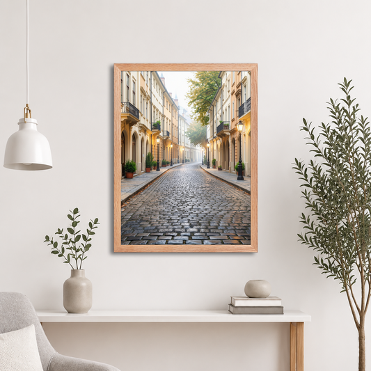 Framed European cobblestone street wall art, calm aesthetic old town morning fog poster, black frame, JMTR Jeometry Store