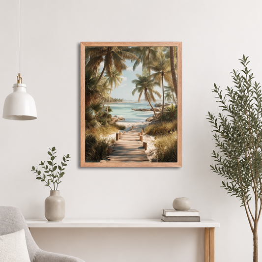 Wooden boardwalk path through tropical palm trees 
leading to calm turquoise beach, framed wall art print, 
black frame, JMTR Jeometry Store