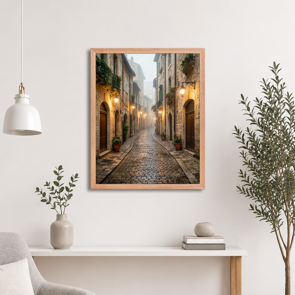 Framed Italian village cobblestone street wall art, warm lanterns foggy alley calm aesthetic poster, black frame, JMTR Jeometry Store