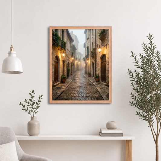 Framed Italian village cobblestone street wall art, warm lanterns foggy alley calm aesthetic poster, black frame, JMTR Jeometry Store