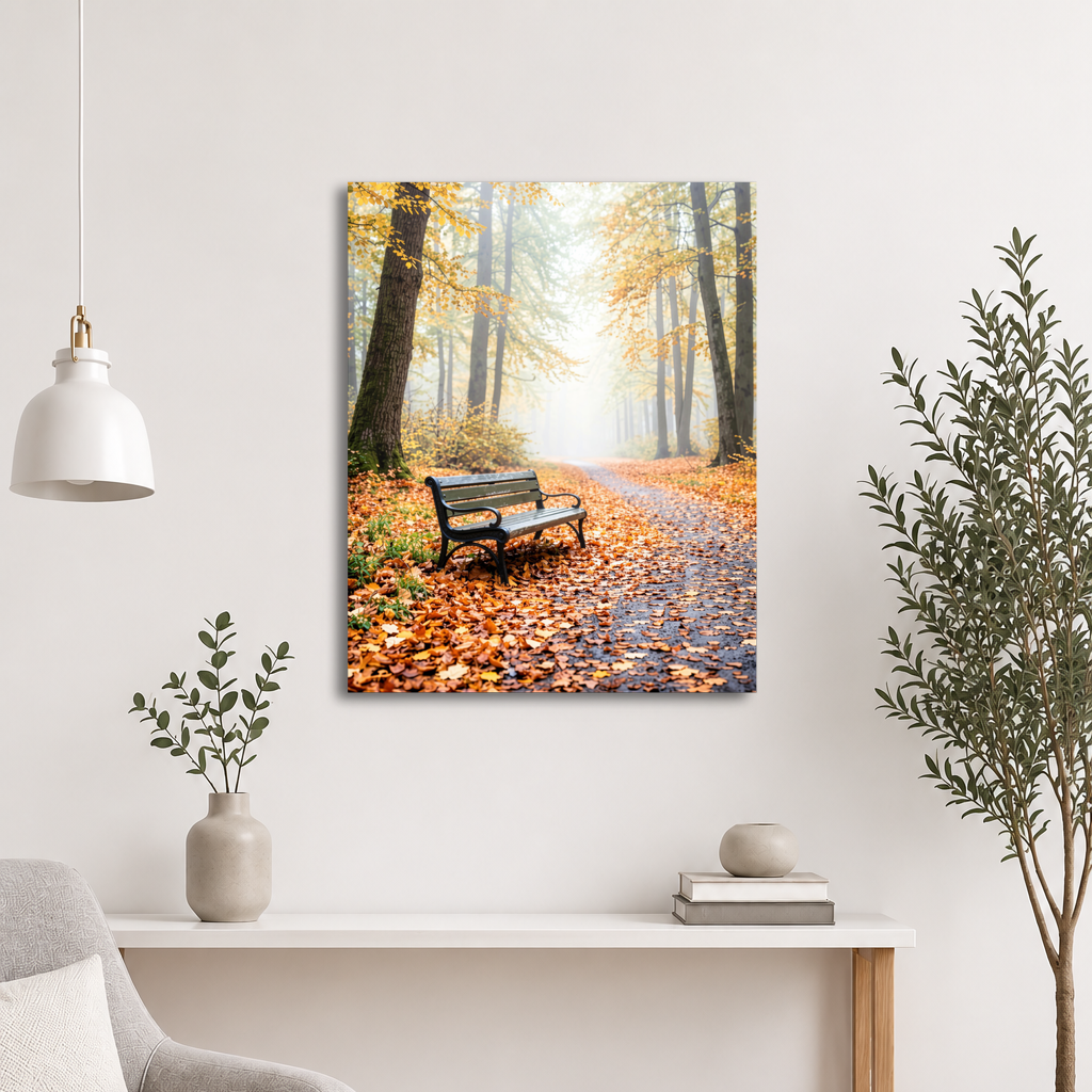 Autumn park bench wall art print, foggy forest path with fall leaves, calm aesthetic poster, JMTR Jeometry Store