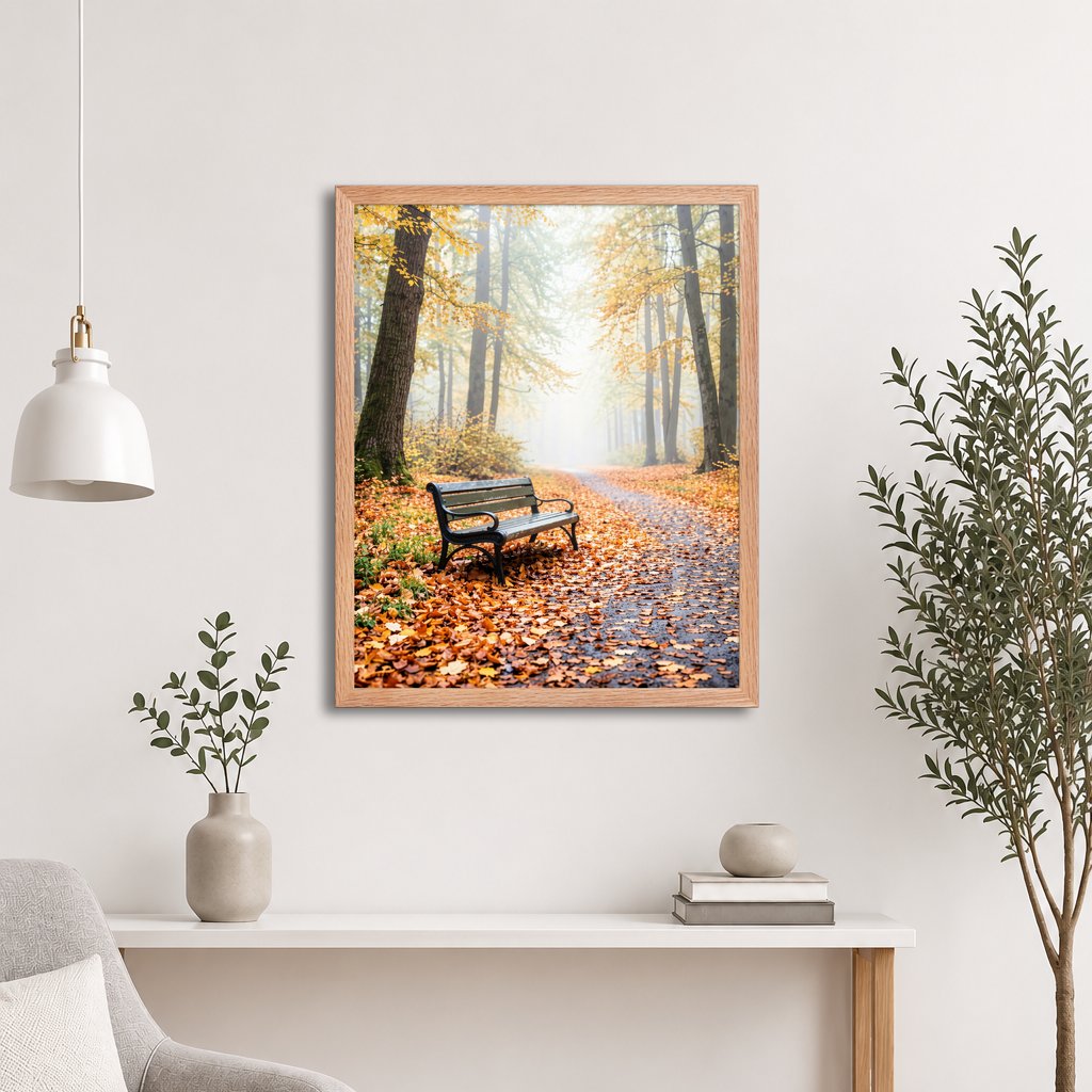 Framed autumn park bench wall art, foggy forest path fall leaves calm aesthetic poster, black frame, JMTR Jeometry Store