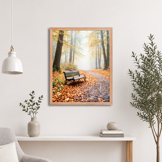 Framed autumn park bench wall art, foggy forest path fall leaves calm aesthetic poster, black frame, JMTR Jeometry Store