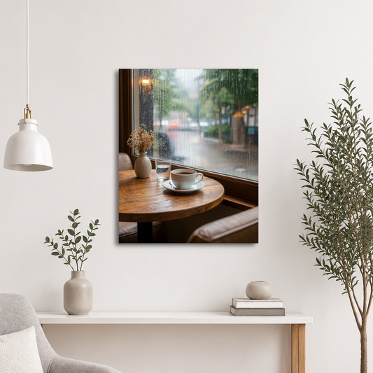 Rainy day cafe wall art print, coffee cup on wooden table by rain window, calm aesthetic poster, JMTR Jeometry Store