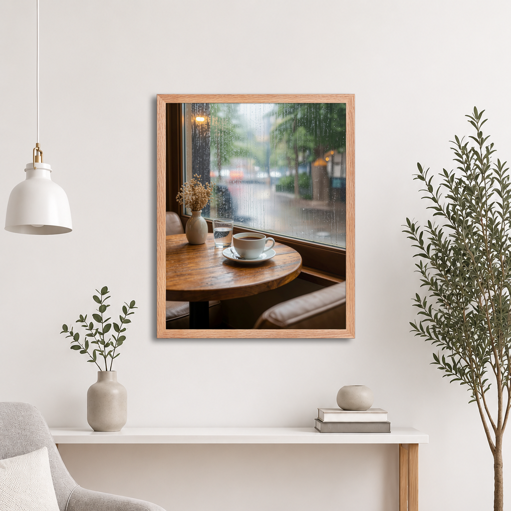 Framed rainy day cafe wall art, coffee cup by rain window calm aesthetic poster, black frame, JMTR Jeometry Store