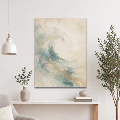 Minimalist ocean wave-inspired poster with flowing watercolor textures in soft blue, sand, and warm neutral tones.