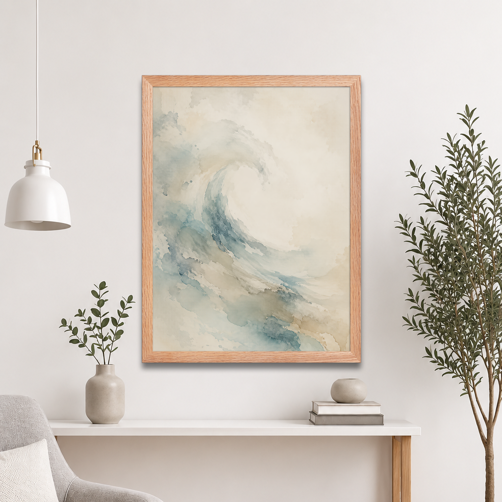 Framed ocean wave-inspired poster with flowing watercolor textures in soft blue, sand, and warm neutral tones.