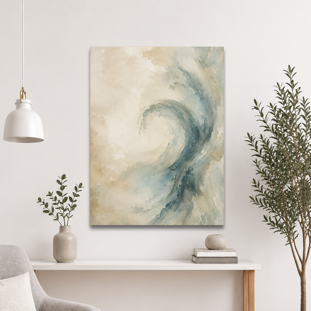 Minimalist ocean wave-inspired poster with flowing watercolor textures in soft blue, ivory, and warm neutral tones.
