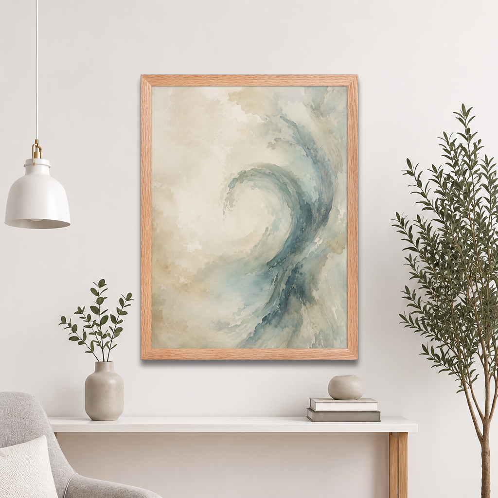 Framed ocean wave-inspired poster with flowing watercolor textures in soft blue, ivory, and warm neutral tones.