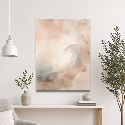 Minimalist ocean wave-inspired poster with flowing watercolor textures in blush, soft blue, and warm neutral tones.
