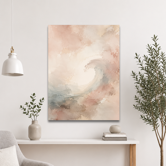 Minimalist ocean wave-inspired poster with flowing watercolor textures in blush, soft blue, and warm neutral tones.