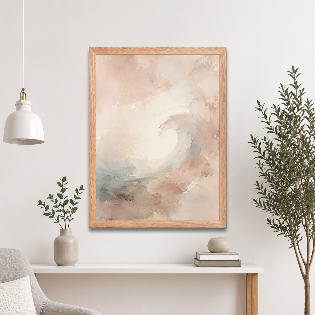 Framed ocean wave-inspired poster with flowing watercolor textures in blush, soft blue, and warm neutral tones.